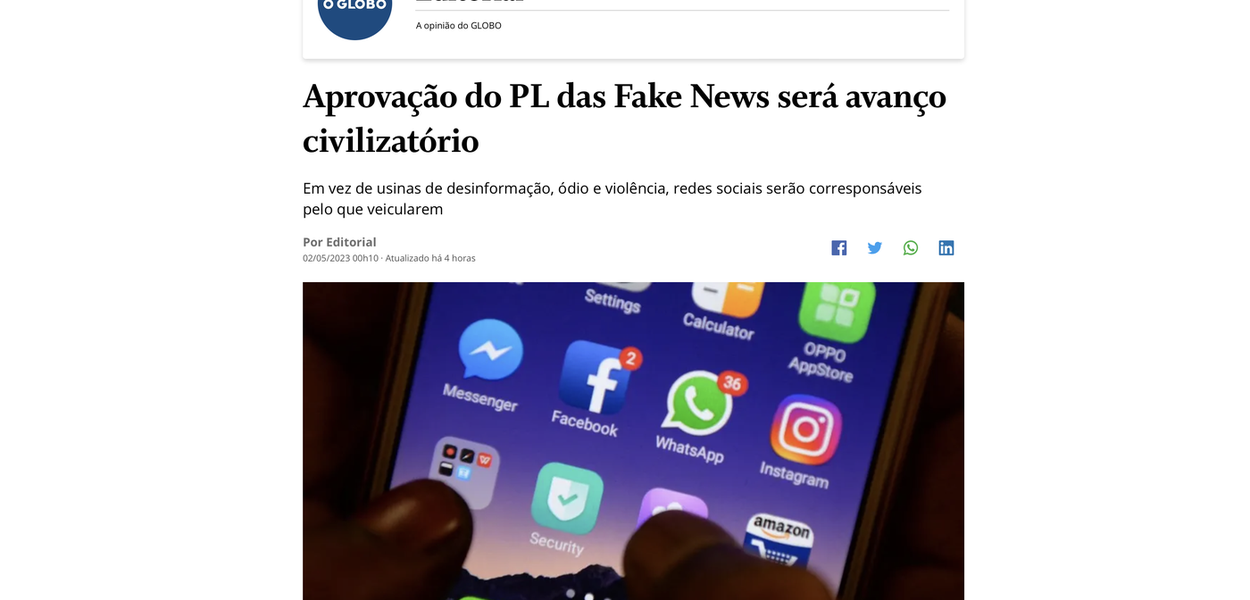 Em Novo Editorial, Globo Pressiona Pela Aprovação Do PL 2630, O Das ...