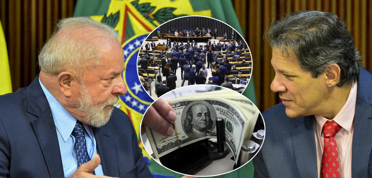 Luiz Inácio Lula da Silva (à esq.), Fernando Haddad, notas de dólares e plenário da Câmara dos Deputados